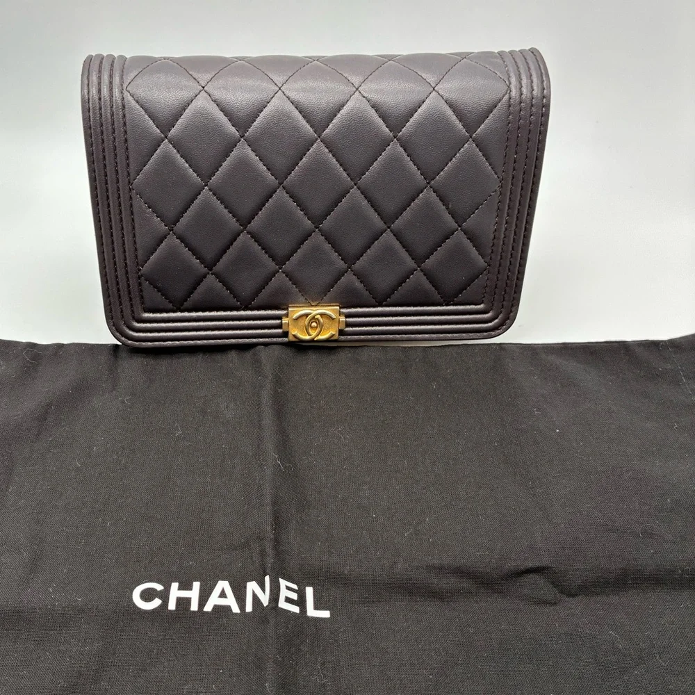 Chanel Quilted Dark Grey Le Boy Wallet WOC Lambskin Leather Crossbody bag